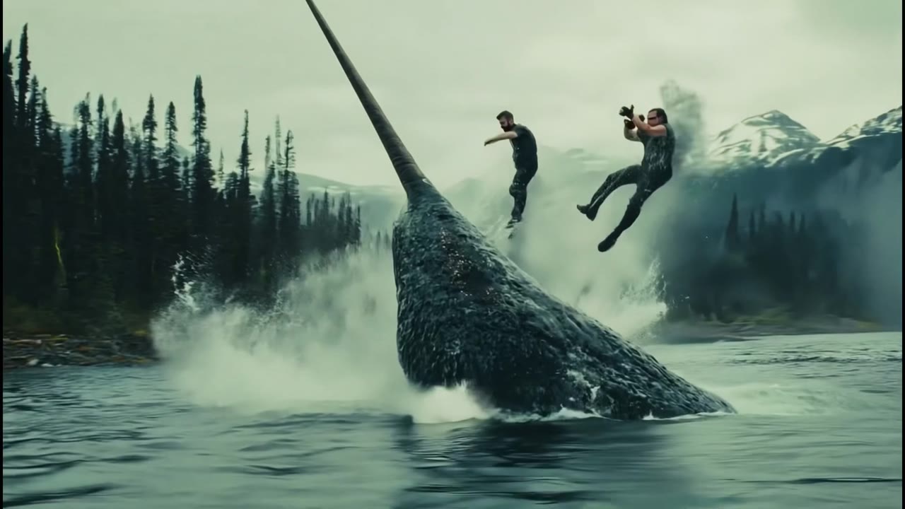 Still from the Gnarwhal music video The War / Nothing More: three riders on a narwhal in open water