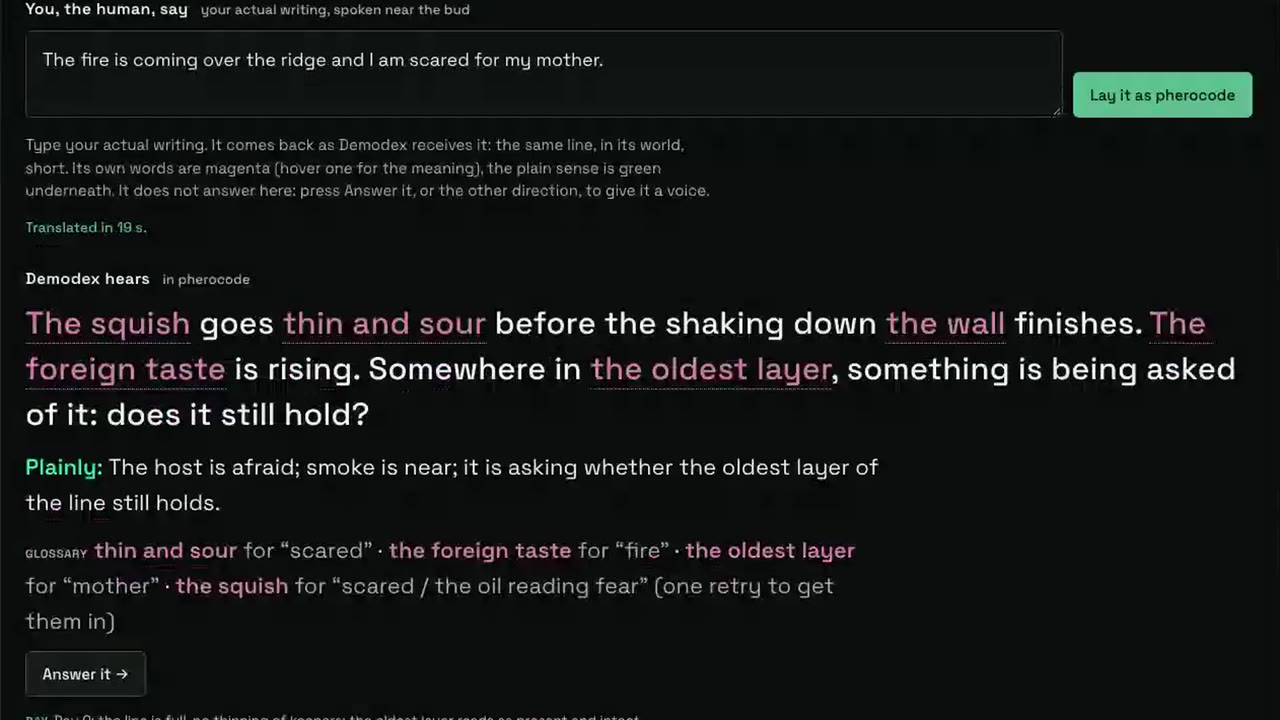 Entity Translator answering a written line in the voice of the Demodex, with a plain-language reading