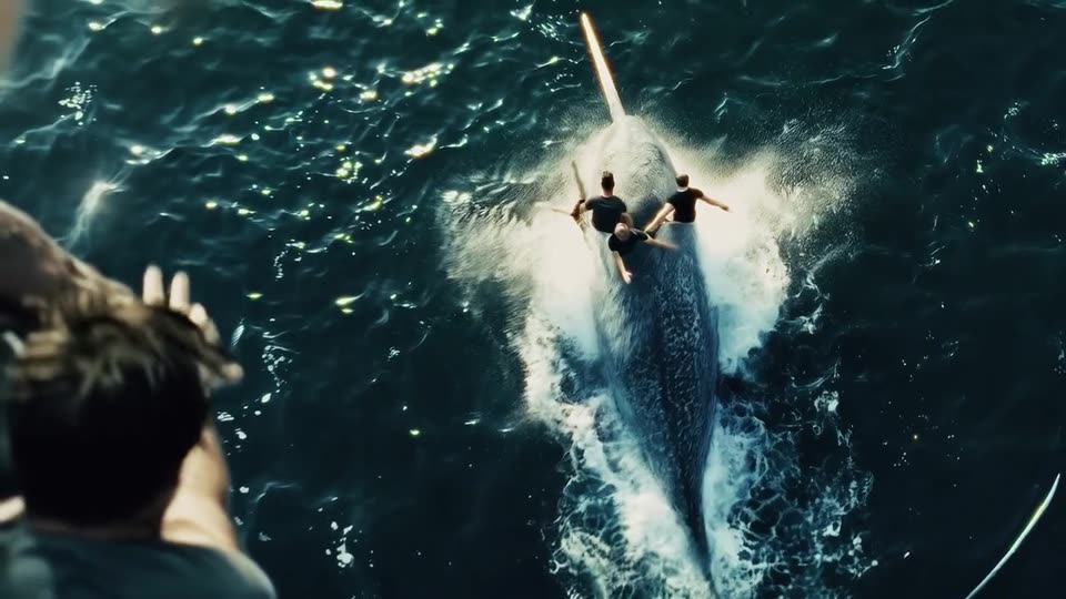 Still from the Gnarwhal music video: a narwhal bursting out of a Northern lake with two riders