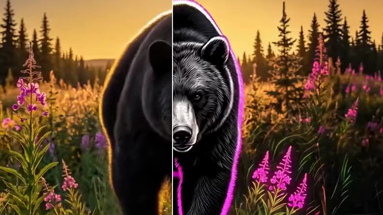 A scratchboard drawing of a black bear turning into real footage in the fireweed, made for the Rated-N website