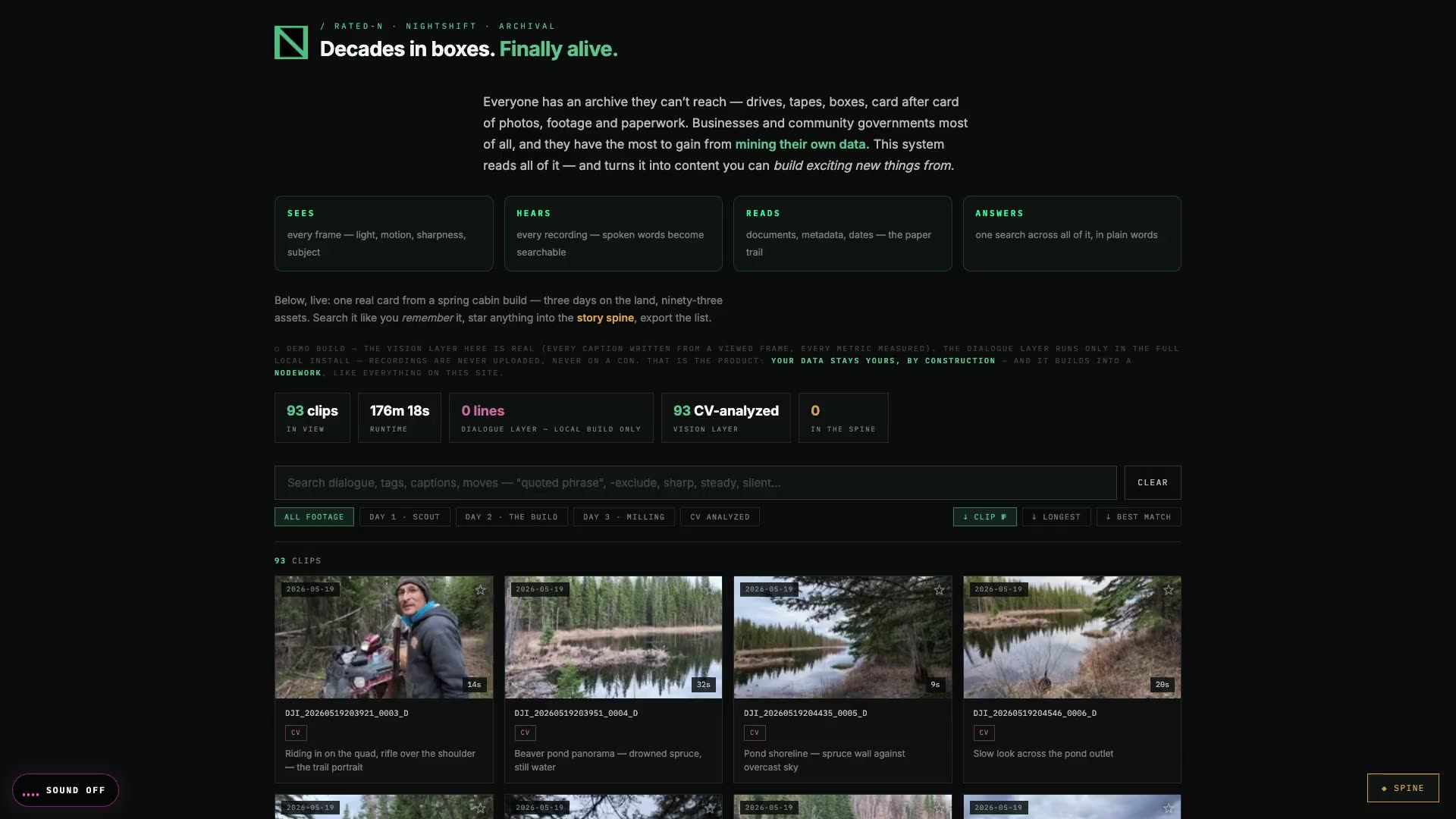 Footage search returning matching video clips from hours of cabin build footage